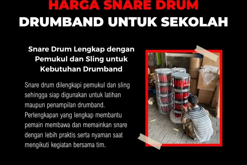 Snare drum drumband lengkap dengan pemukul dan sling pembawa