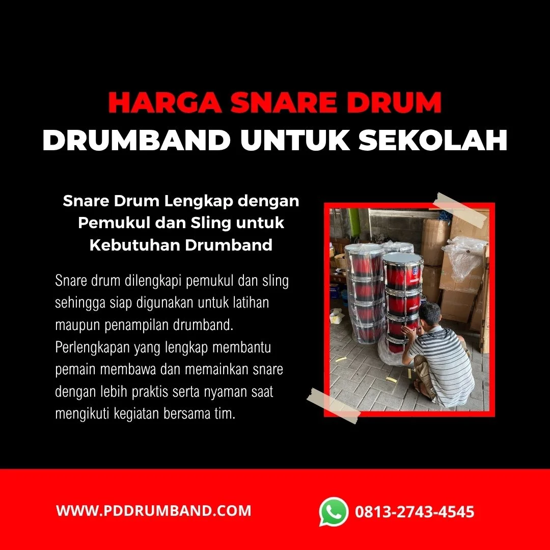 Snare drum drumband lengkap dengan pemukul dan sling pembawa
