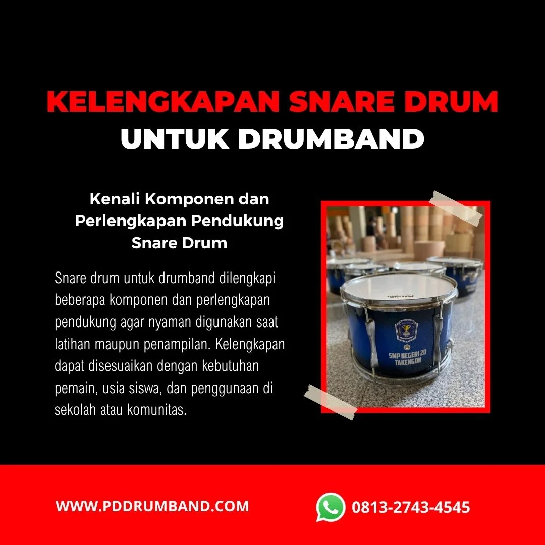 Snare drum lengkap dengan pemukul dan sling pembawa alat